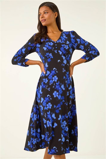 Blue Floral Print Button Midi Dress
