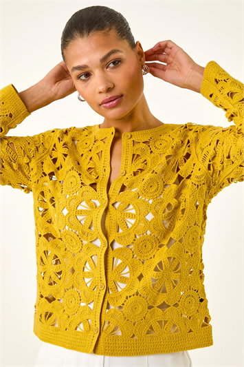 Yellow Crochet Knit Cardigan