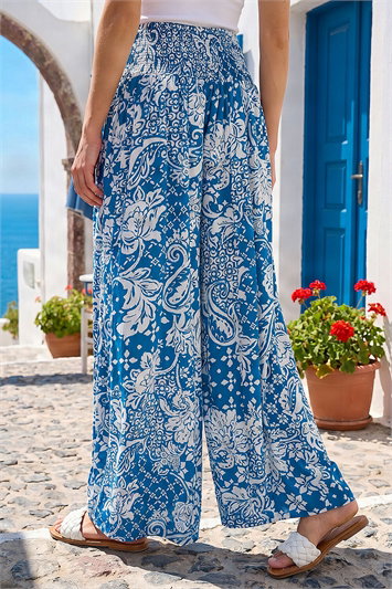 Printed Shirred Wide Leg Trouser 18076009