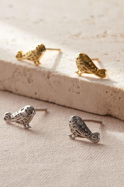 Metallic Finch Birds S925 Sterling Silver Stud Earrings