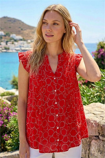 Red Circle Print Frill Sleeve Blouse