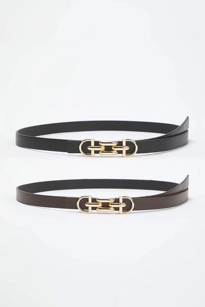 Multi Double Pack Gold Chain Buckle Slim Faux Leather Belt