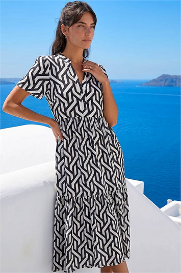 Black Geometric Print Tiered Midi Dress