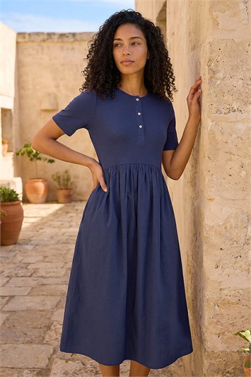 Blue Buttoned Pocket Stretch Midi Dress