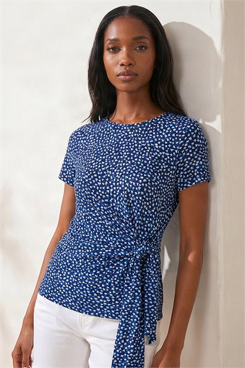 Blue Petite Spot Print Tie Side Top