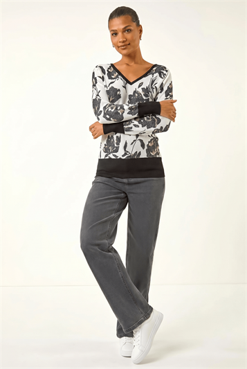 White Floral Print V-Neck Knit Jumper