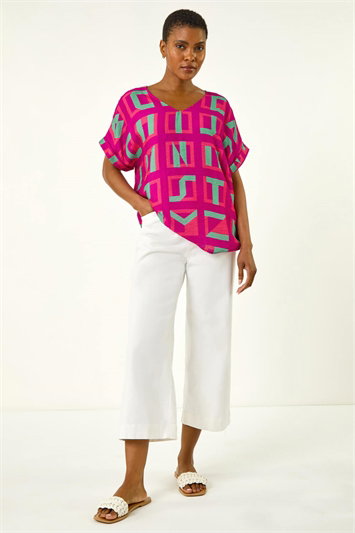 Pink Geometric Print V-Neck Top