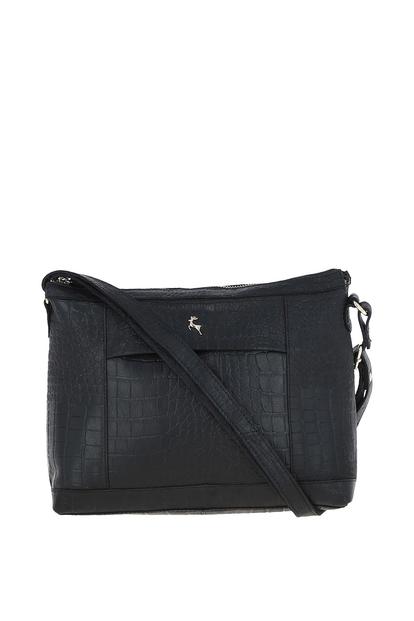 Black 'Carlotta' Croc Print Real Leather Shoulder Bag
