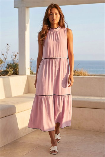 Pink Tiered Swing Midi Dress