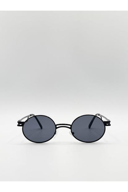 Black Retro Round Sunglasses In Black