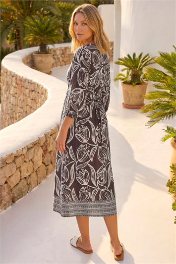 Leaf Border Print V-Neck Midi Dress 14897719