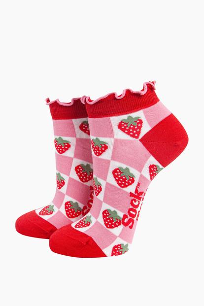 Red Strawberry Checkerboard Bamboo Trainer Socks