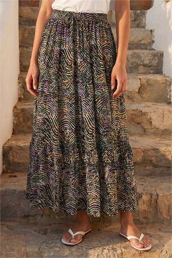 Black Abstract Contrast Print Maxi Skirt