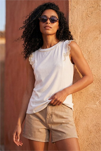 White Embroidered Frill Top