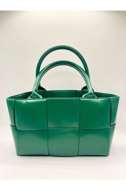 Green Woven Faux Leather Grab Bag In Green
