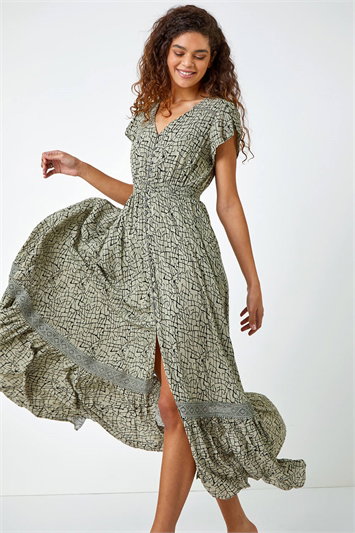 Green Scribble Print Button Down Maxi Dress
