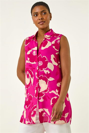 Pink Floral Print Longline Button Up Blouse