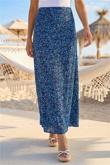 Ditsy Floral Elastic Waist A Line Midi Skirt 17043809