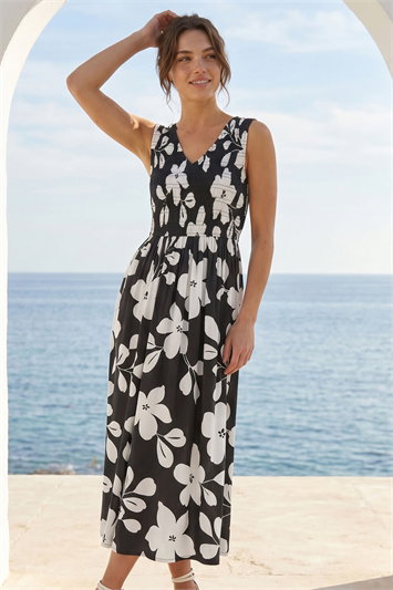 Petite Floral Print Shirred Midi Dress 14908308