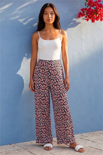 Pink Petite Floral Crinkle Trouser