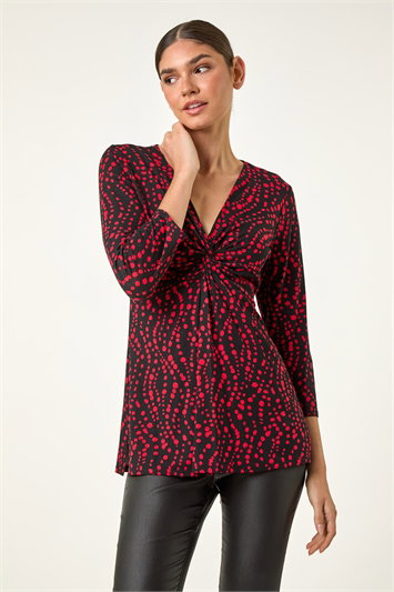Abstract Spot V-Neck Twist Front Top 19338178