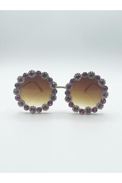 Pink Round Floral Crystal Gem Sunglasses In Pink