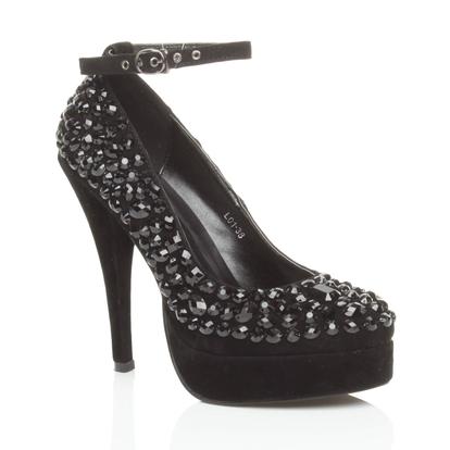 Black High Heel Ankle Strap Gem Court Shoes