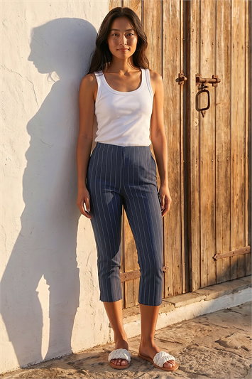 Blue Petite Ponte Stripe Cropped Trouser