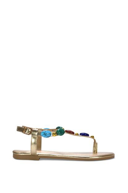 Black 'Sylva' Embellished Jewel Stone Flat T-Bar Sandals