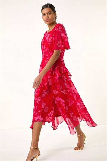 Red Floral Frill High Low Midi Dress