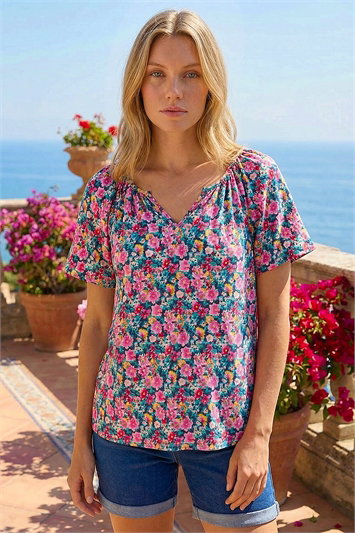 Pink Floral Gathered V-Neck Stretch Top