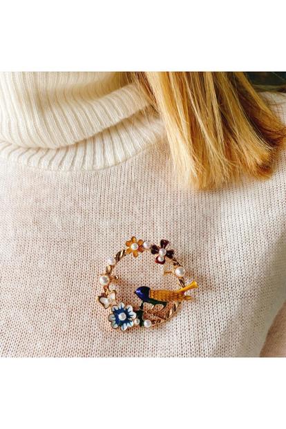 Multi Vintage Brooch With Bird In Enamel