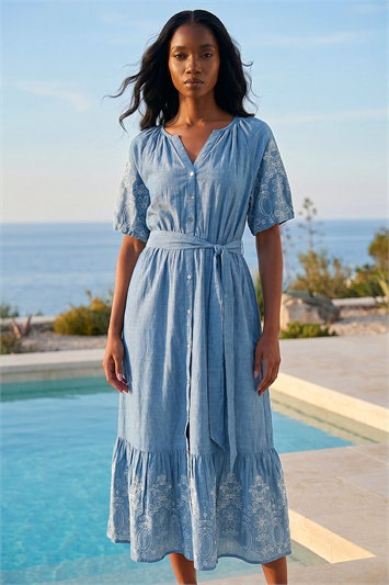 Blue Petite Cotton Embroidered Midi Dress