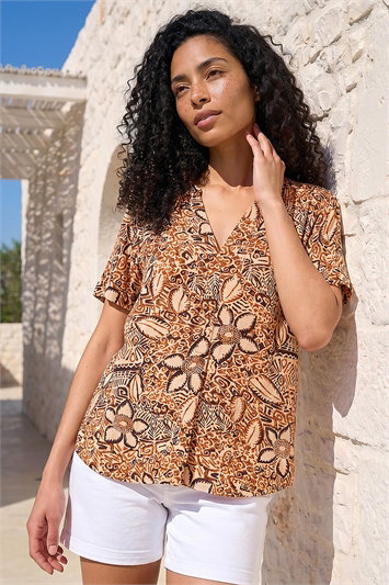 Red Floral Abstract Print Tunic Top