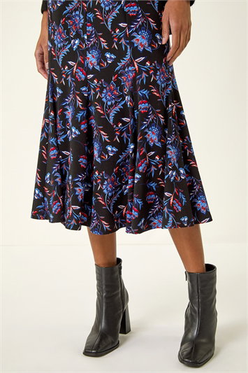 Blue Floral Stretch Midi Skirt
