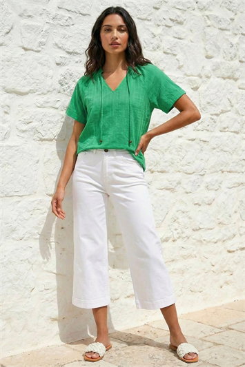 Green Textured Tie V-Neck Top