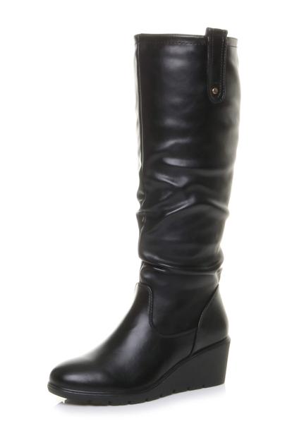 Black Mid Wedge Heel Slouch Knee High Calf Boots