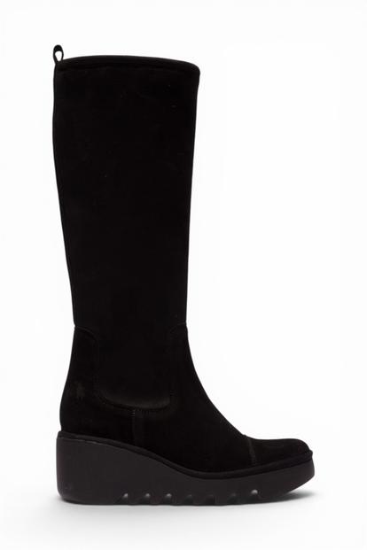 Black Womens Leather High Wedge Boots-Budi603