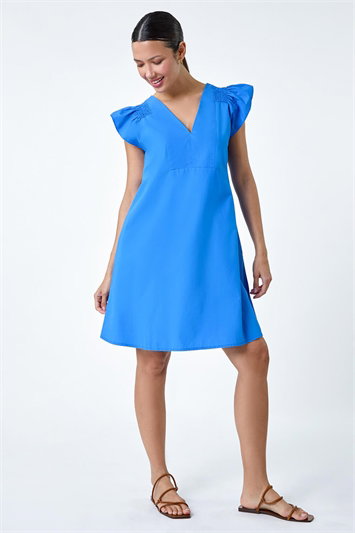 Blue Plain Cotton Frill Sleeve Pocket Dress