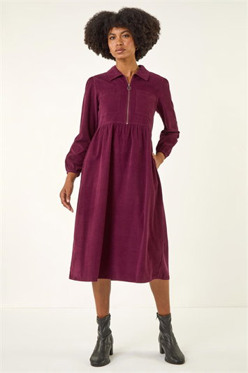 Corduroy Zip Detail Midi Dress 14799675
