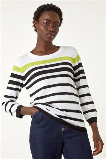 White Stripe Print Colour Knit Jumper