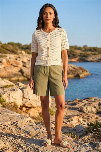 White Pointelle V-Neck Knit Cardigan