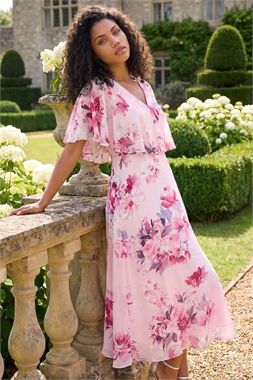 Pink Petite Floral Cape Chiffon Midi Dress