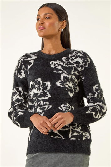 Black Fluffy Floral Knit Jumper