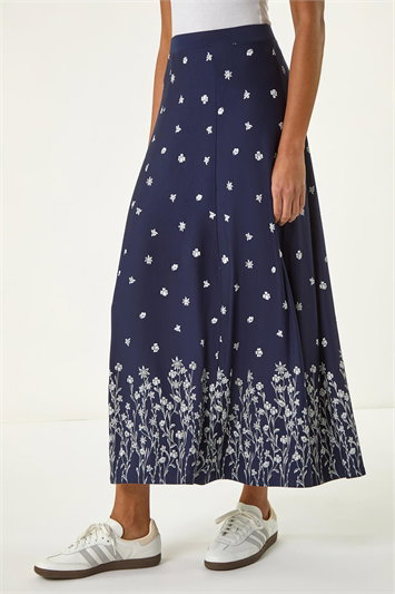 Blue Floral Border Print Stretch Skirt