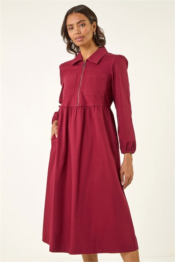 Red Front Zip Midi Dress