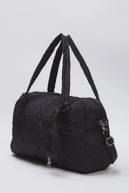 Black Quilted Nylon Tote Bag With Detachable Purse