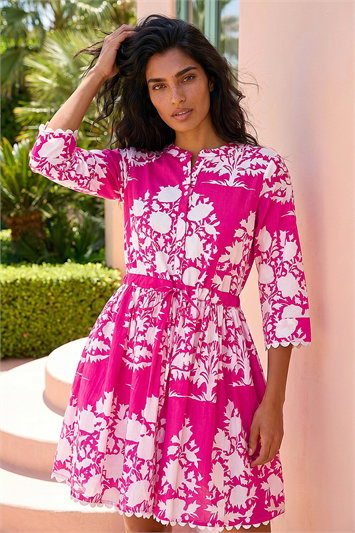 Pink Floral Button Smock Dress