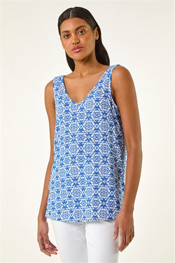 Blue Tile Print Cami Stretch Top