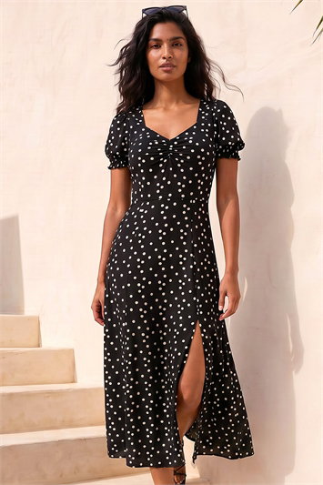 Polka Dot Sweetheart Neck Stretch Midi Dress 14634908